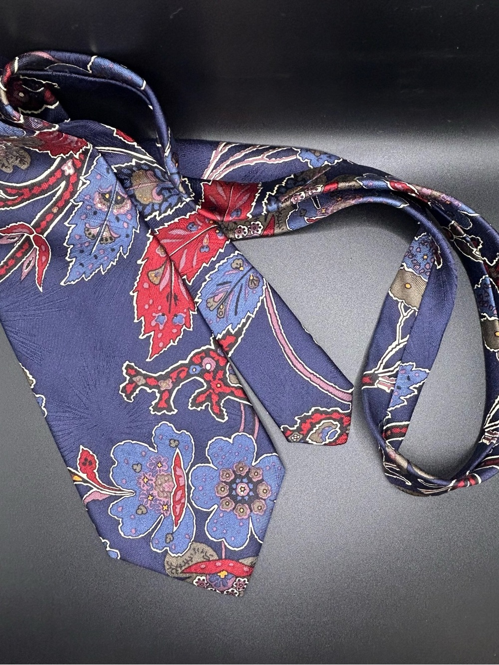Eddie Bauer Navy Silk Floral Paisley Tie with Red & Blue Accents